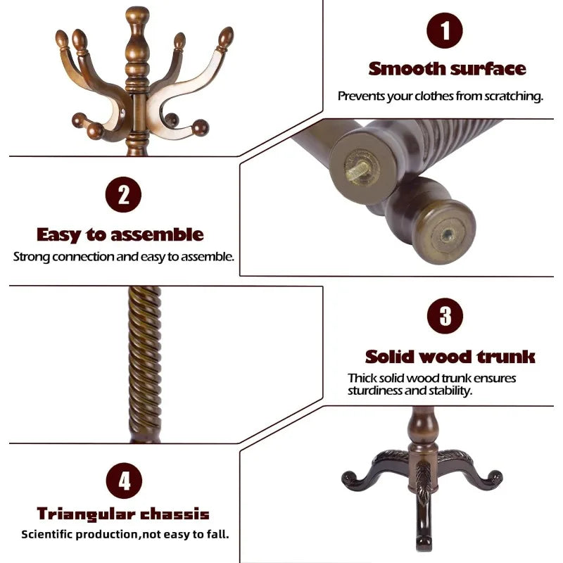 Free Standing Coat Rack with 11 Hooks Adjustable Height Natural Wood