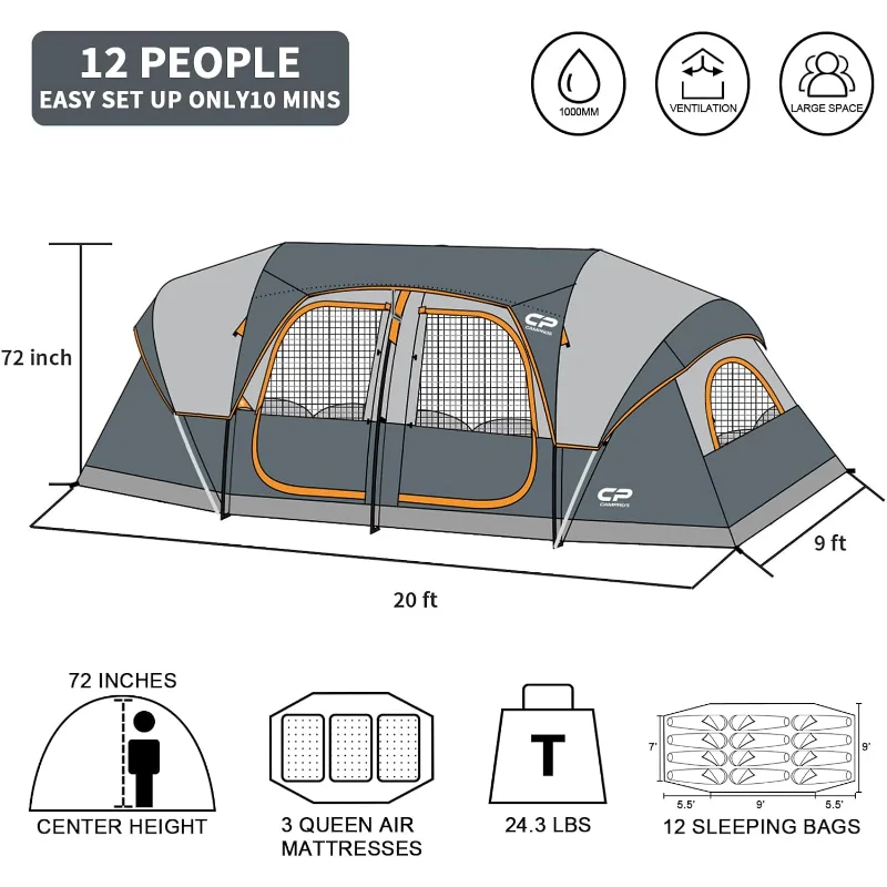 Ljustra 12 Person Camping Tent 3 Room Waterproof Family Cabin Tent