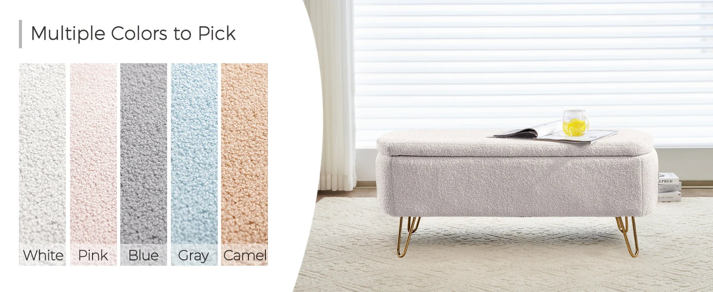 40 Inch Boucle Sherpa Ottoman Bench Storage Upholstered Gold Legs