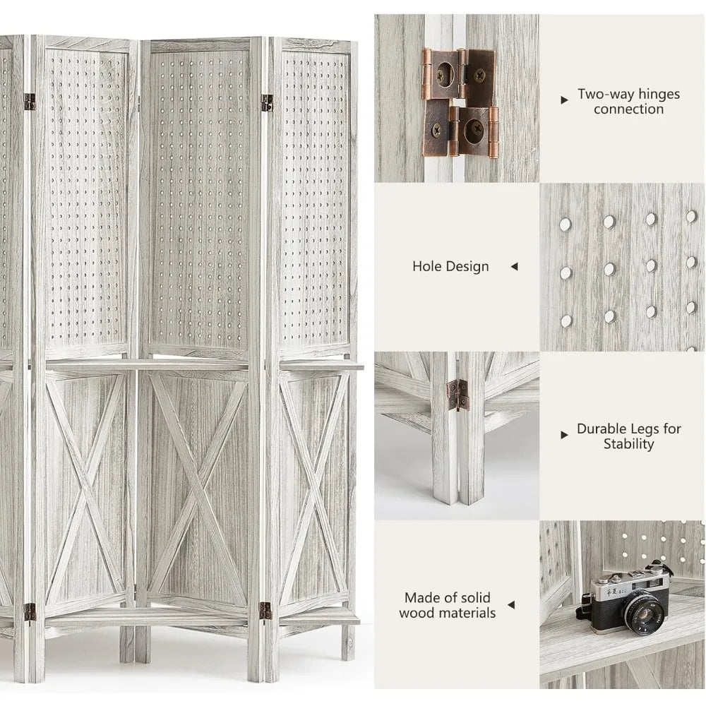 6 Panel Room Divider Wood Folding Privacy Screen with Shelves
