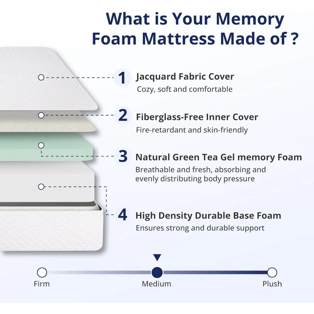 Ljustra Twin 5 Inch Green Tea Memory Foam Mattress Bed in a Box