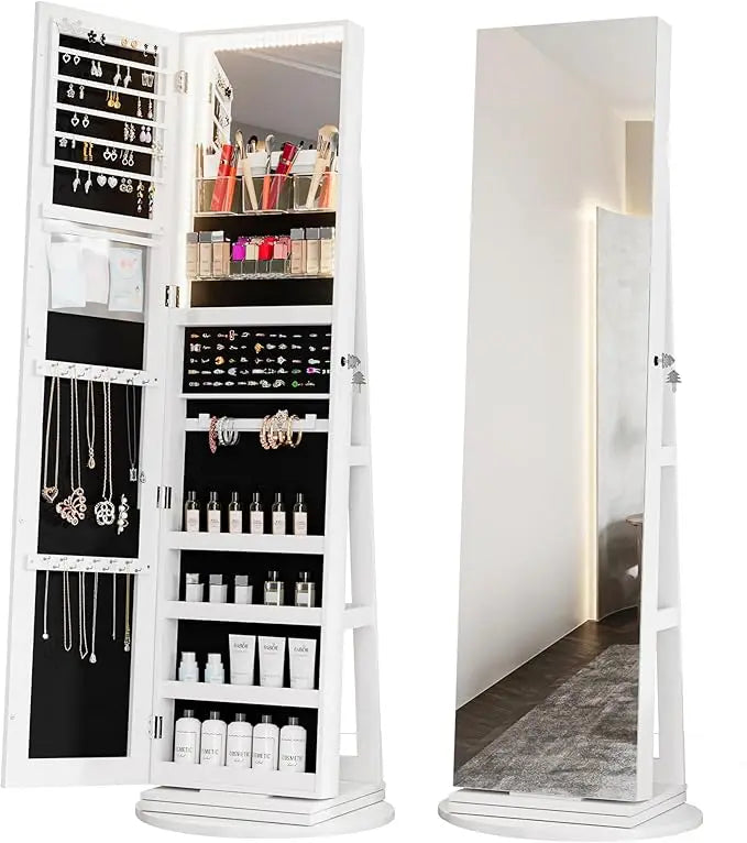 Full Length Mirror Jewelry Armoire with LED Lights Storage Cabinet
