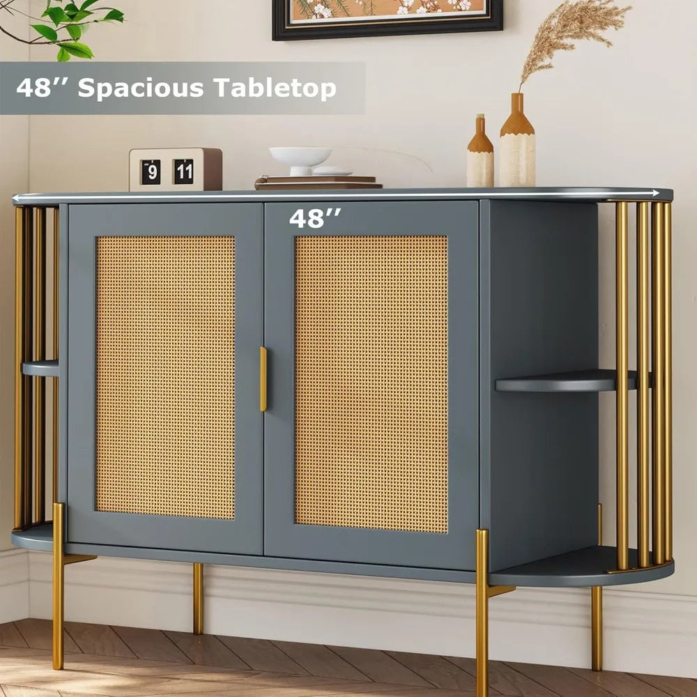 Rattan Sideboard Solid Wood Storage Buffet Console Cabinet Living Room
