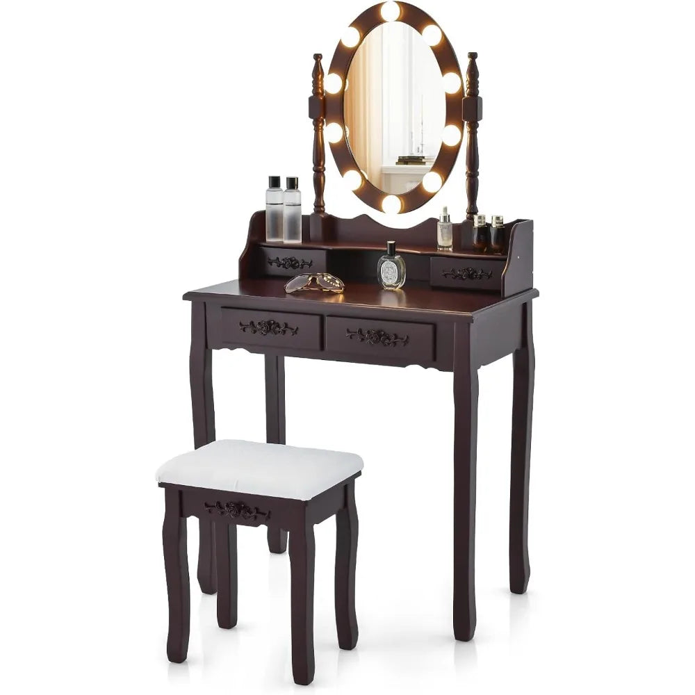 Vanity Table Set Lighted Mirror Adjustable Brightness Makeup Desk