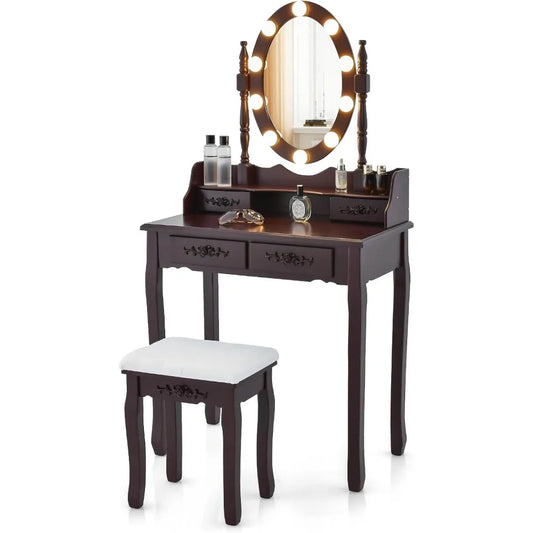 Vanity Table Set Lighted Mirror Adjustable Brightness Makeup Desk