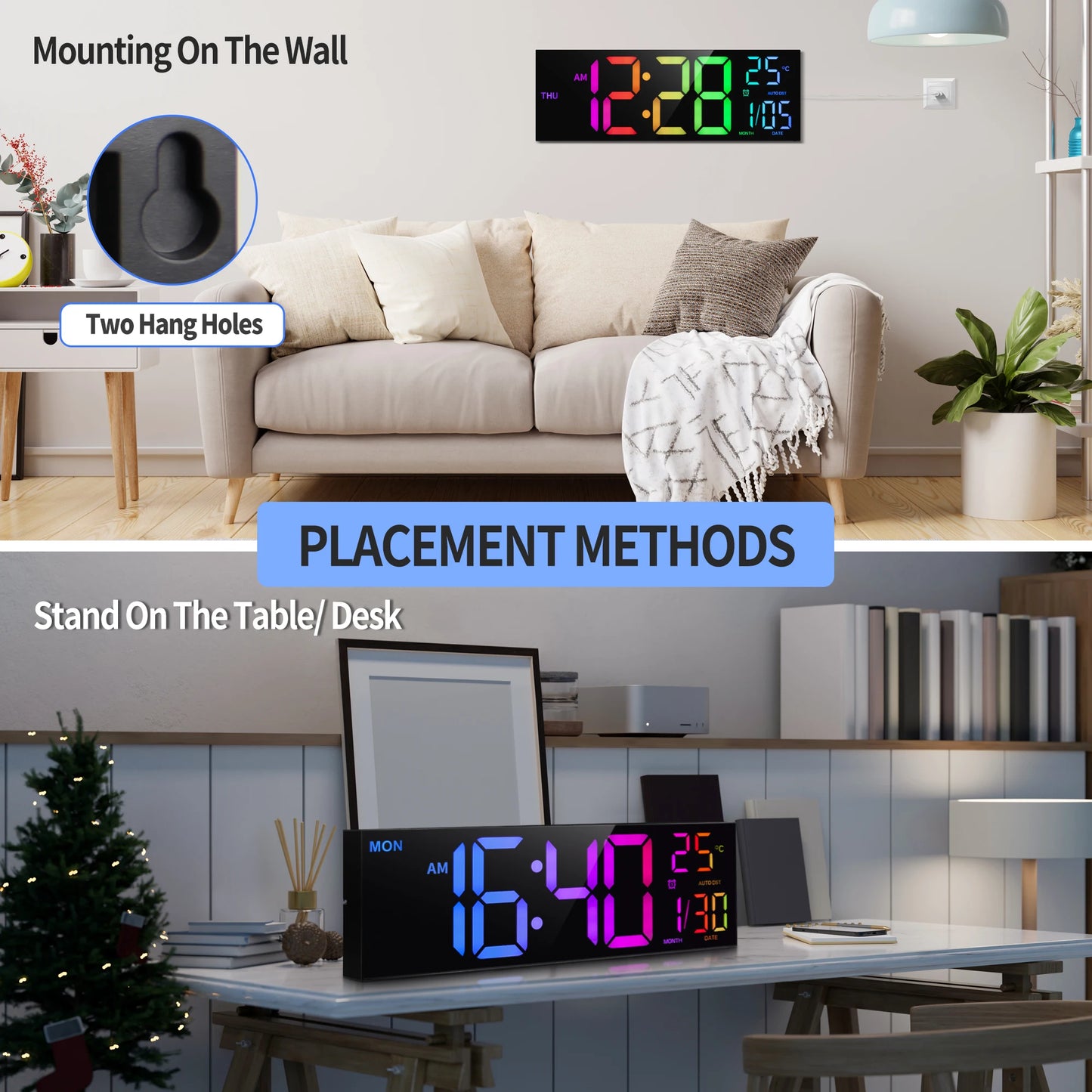 Large Digital Wall Clock with Remote RGB Display Alarm Temperature