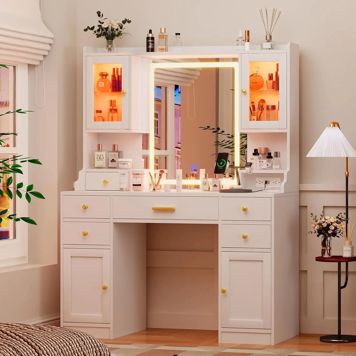 Large Vanity Table Set with Charging Station Makeup Desk and RGB Lights