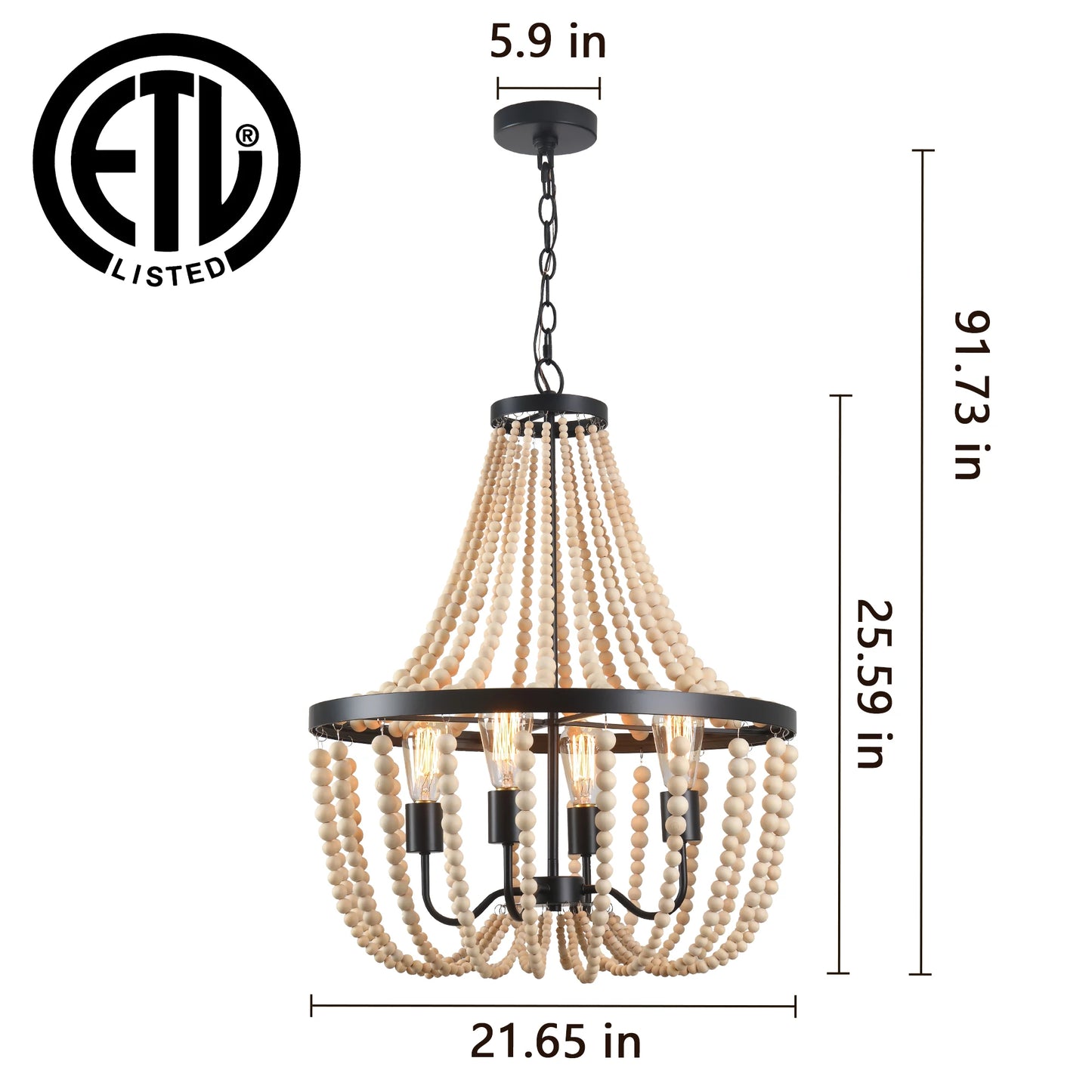 Modern Boho Wood Bead Chandelier Dimmable High Ceilings Bedroom Hall