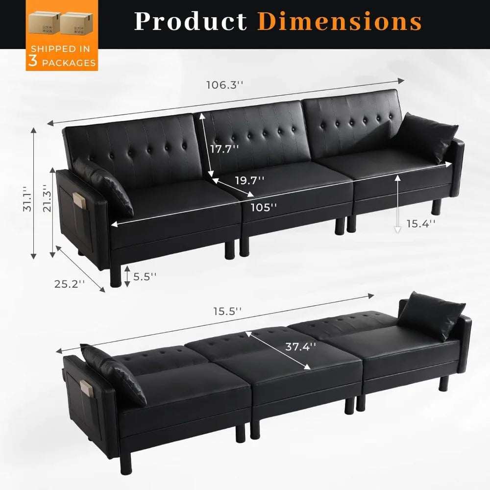 3-in-1 Convertible Futon Sofa Bed Adjustable Backrest Modern Design