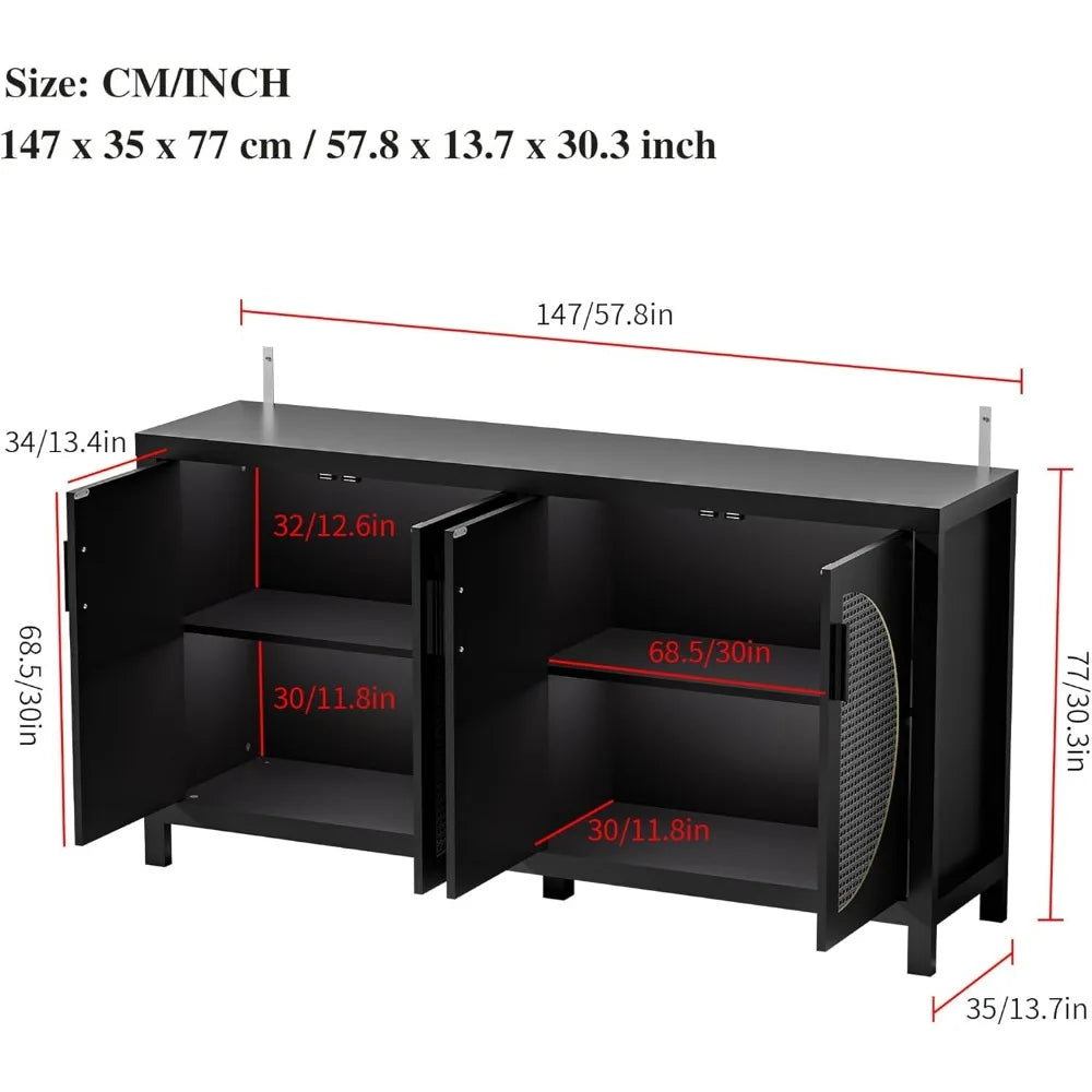 Buffet Sideboard Cabinet with Rattan Doors Mid-Century Modern Storage