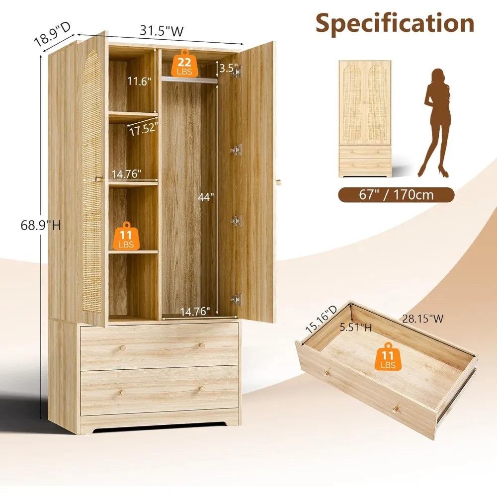 Ljustra Rattan Wardrobe Closet with Doors Drawers Hanging Rod Storage