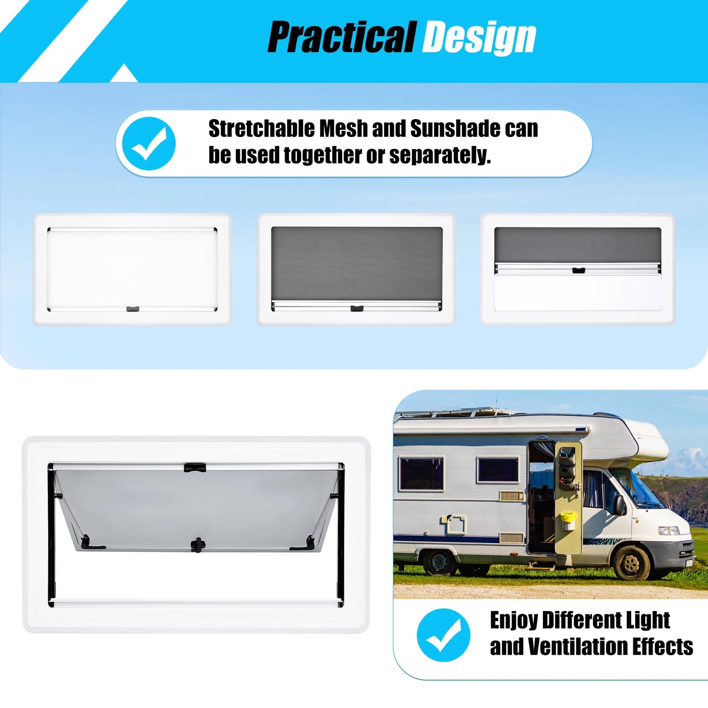 RV Ventilation Window 900x500mm Camper Hatch 70 Degree Adjustable