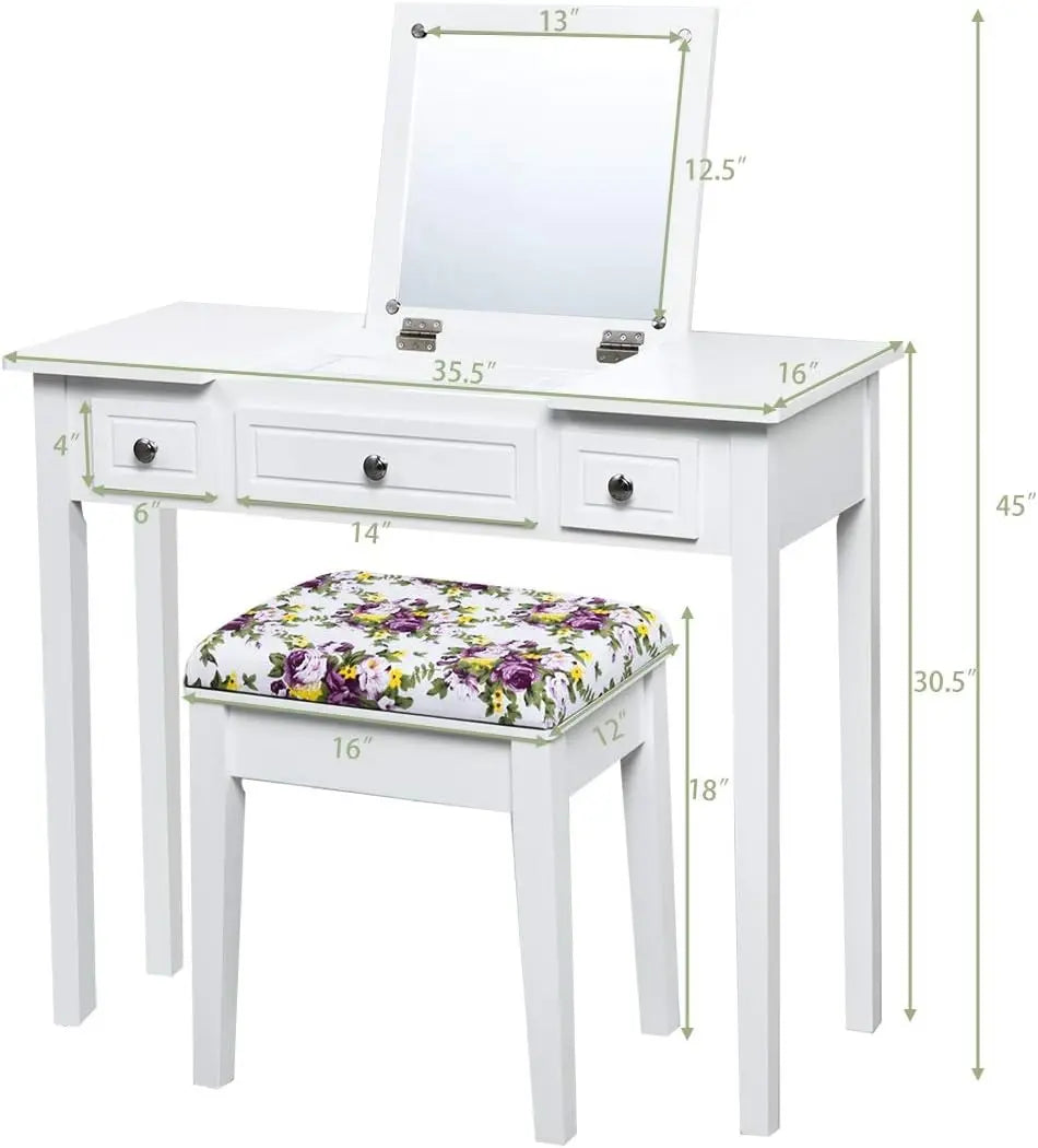 Makeup Vanity Desk with Flip Top Mirror and Cushioned Stool for Girls