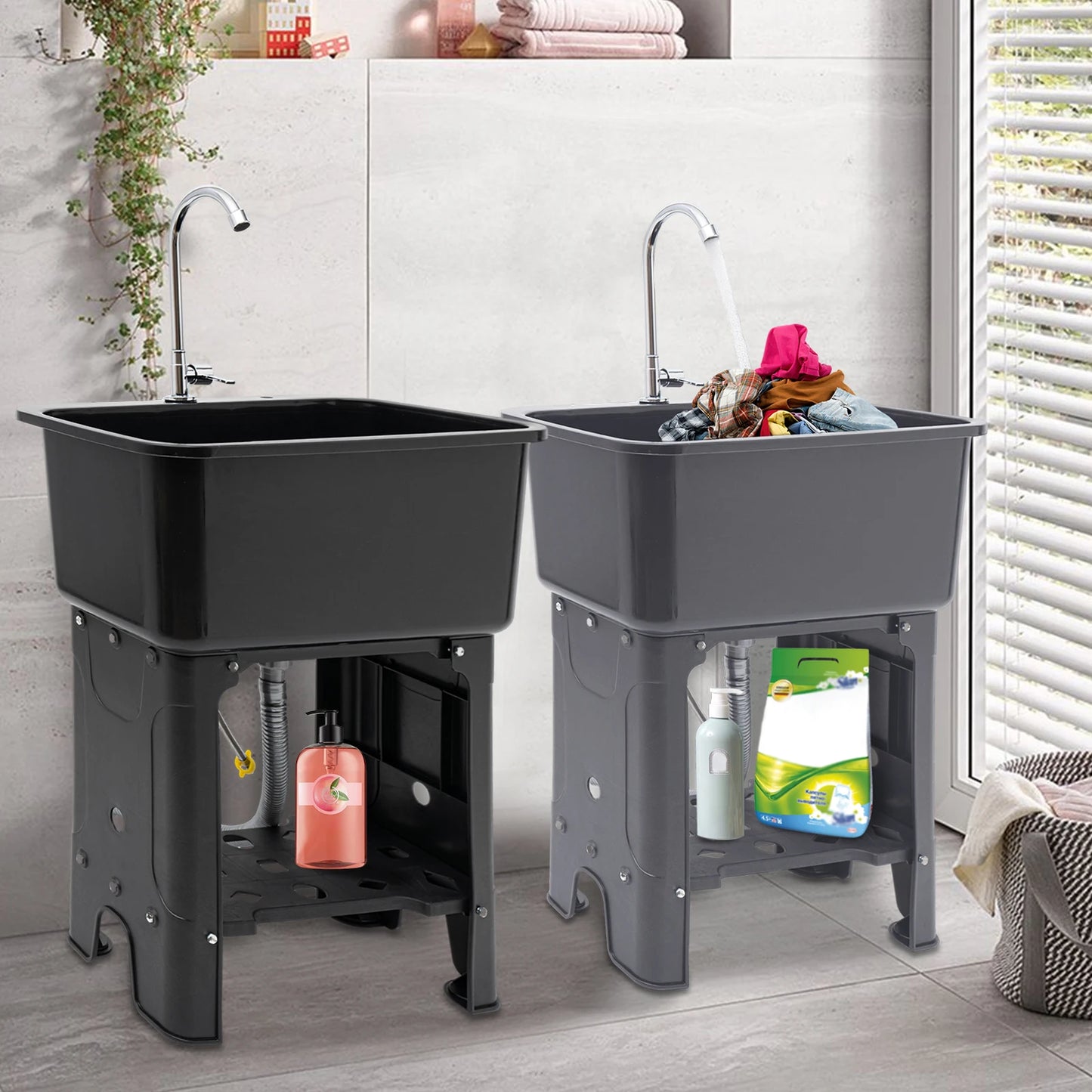 Black Gray Floor-standing Kitchen Sink with Faucet Utility Sink