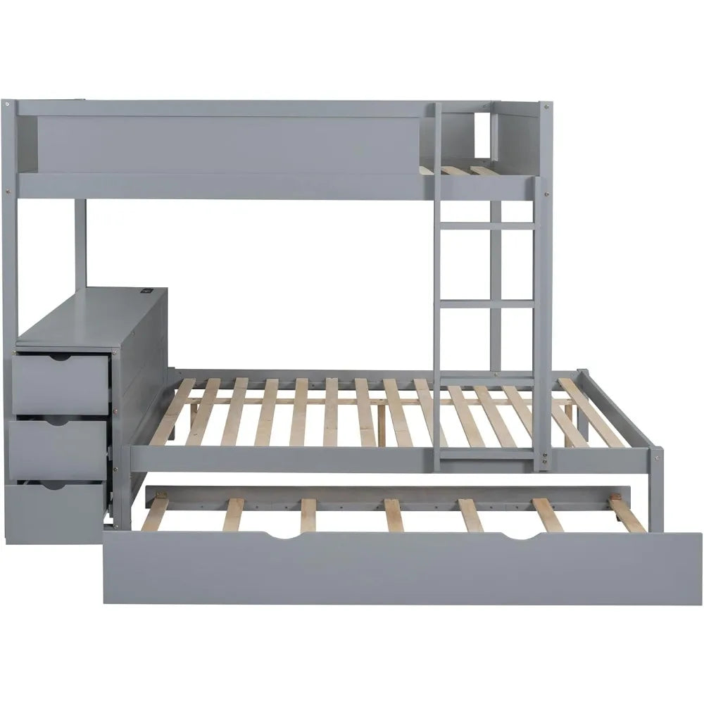 Full Over Full Bunk Bed with Trundle and USB Ports for Kids Room