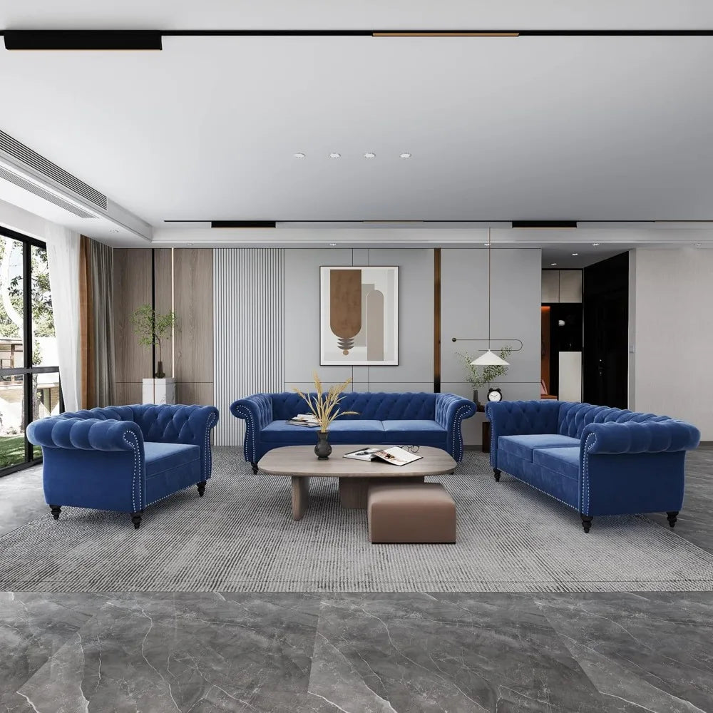 Luxurious 3 Piece Velvet Chesterfield Living Room Sofa Set