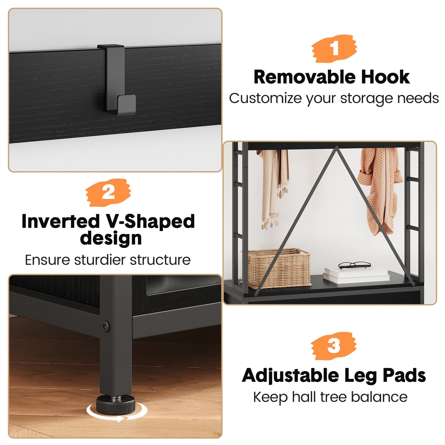 Hall Tree Entryway Bench with Coat Rack Shoe Storage 8 Hooks Industrial