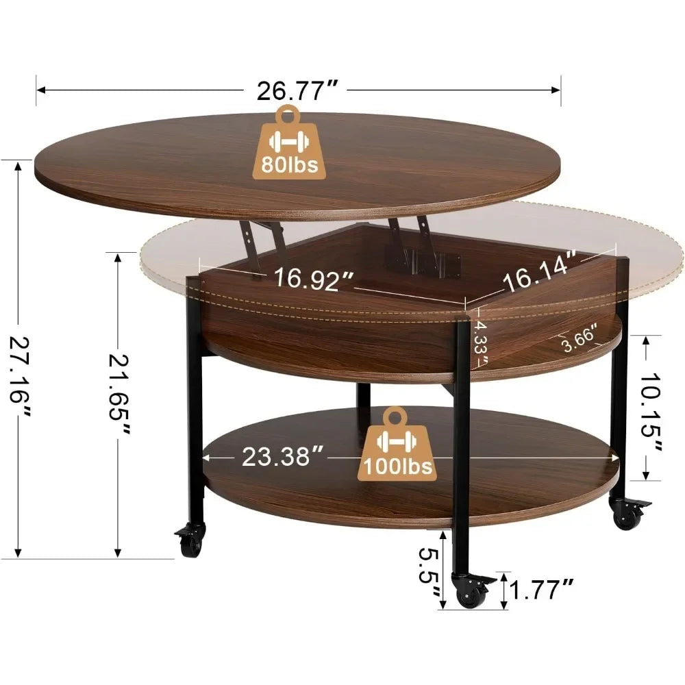 Round Lift Top Coffee Table with Wheels Storage Compartment 26.77in