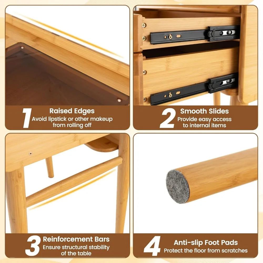 Bamboo Vanity Desk with Rotating Mirror Glass Top 2 Drawers Natural