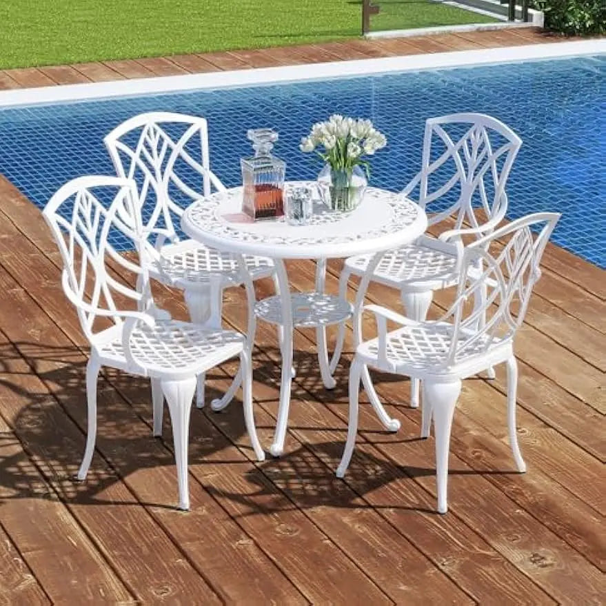 5 Pieces Cast Aluminum Outdoor Dining Set Round Table with Umbrella Hole