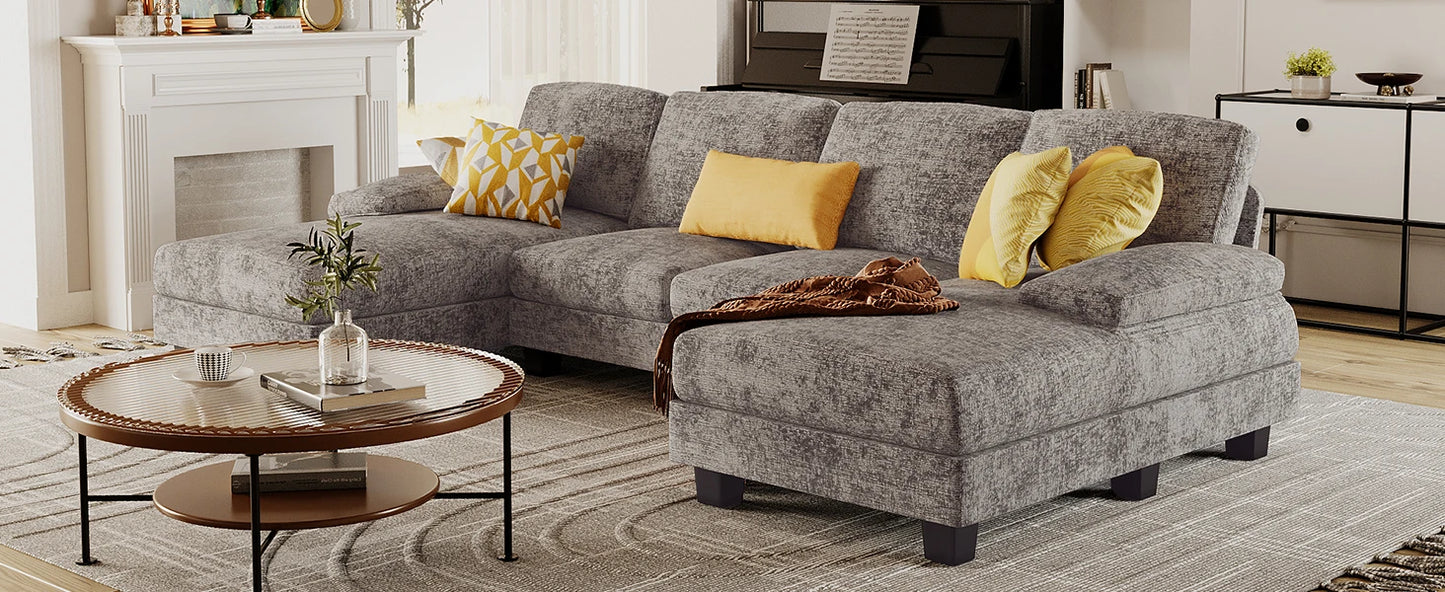 Ljustra Sectional Couch U-Shaped Sofa Linen Fabric 4 Seat Living Room