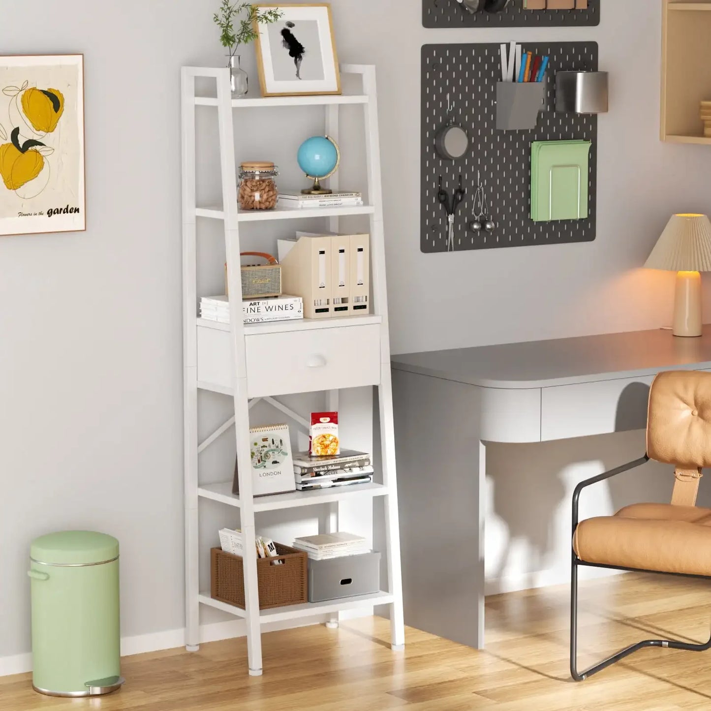 5-Tier Ladder Bookshelf Narrow Bookcase with Removable Drawers Living Room
