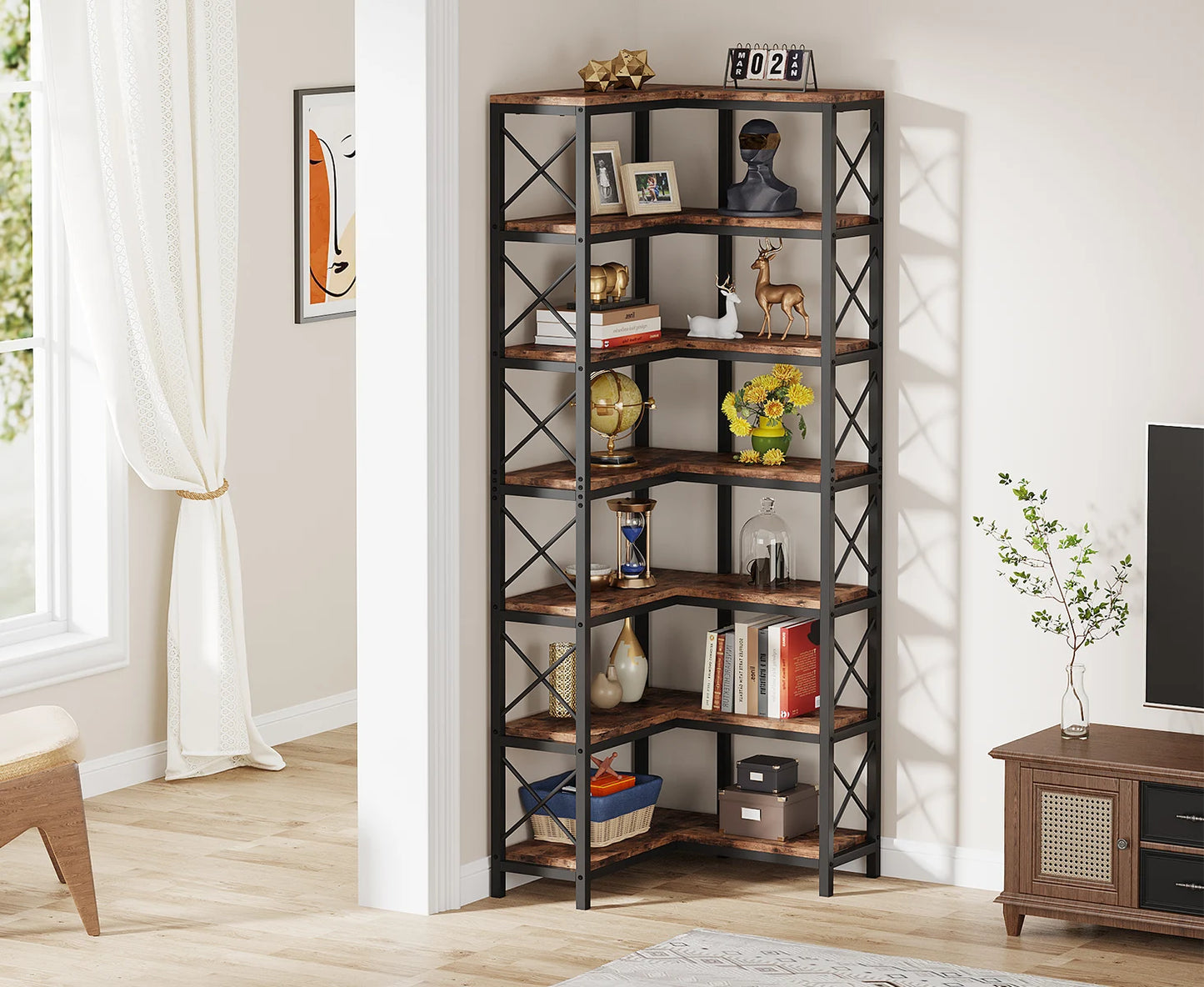 Ljustra 7-Shelf Corner Bookshelf Modern Corner Bookcase Storage Rack