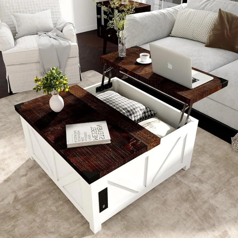 Lift Top Coffee Table with Storage and Charging Station for Living Room
