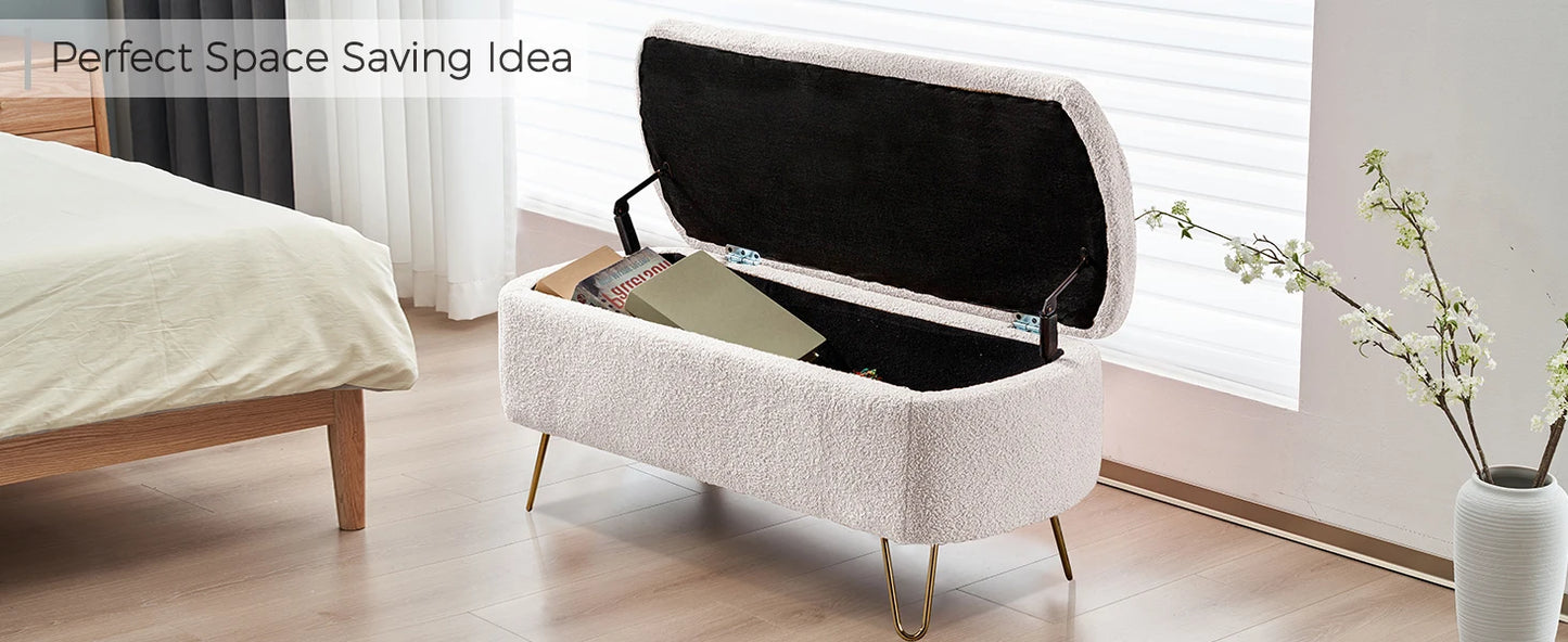 40 Inch Boucle Sherpa Ottoman Bench Storage Upholstered Gold Legs
