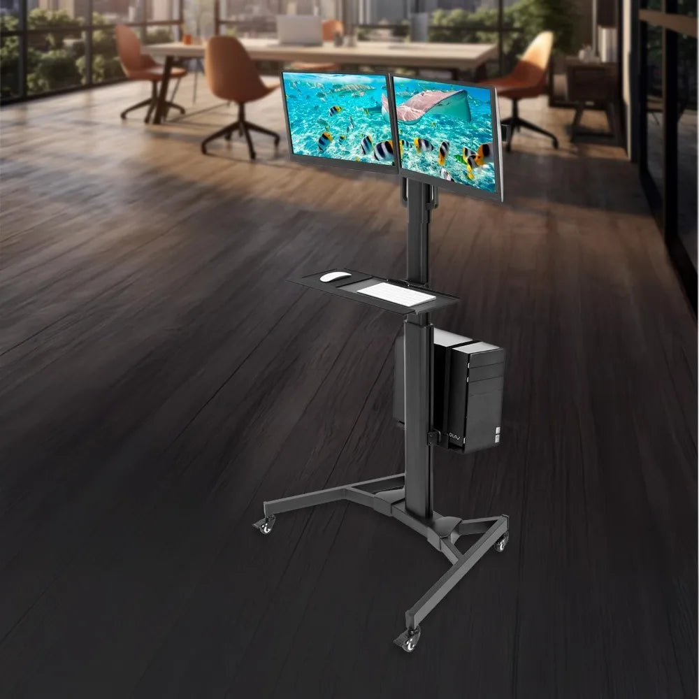Adjustable Rolling Computer Cart Mobile Desk for Dual Monitors up to 32"