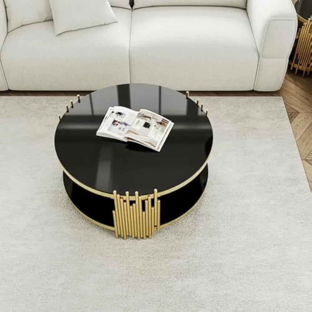 Luxury Modern 2 Tier Round Coffee Table Black Glass Gold Frame