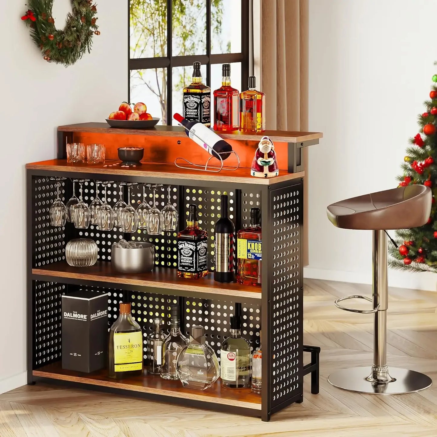 Mini Home Bar Unit with Music Sync LED Light Alcohol Storage Table