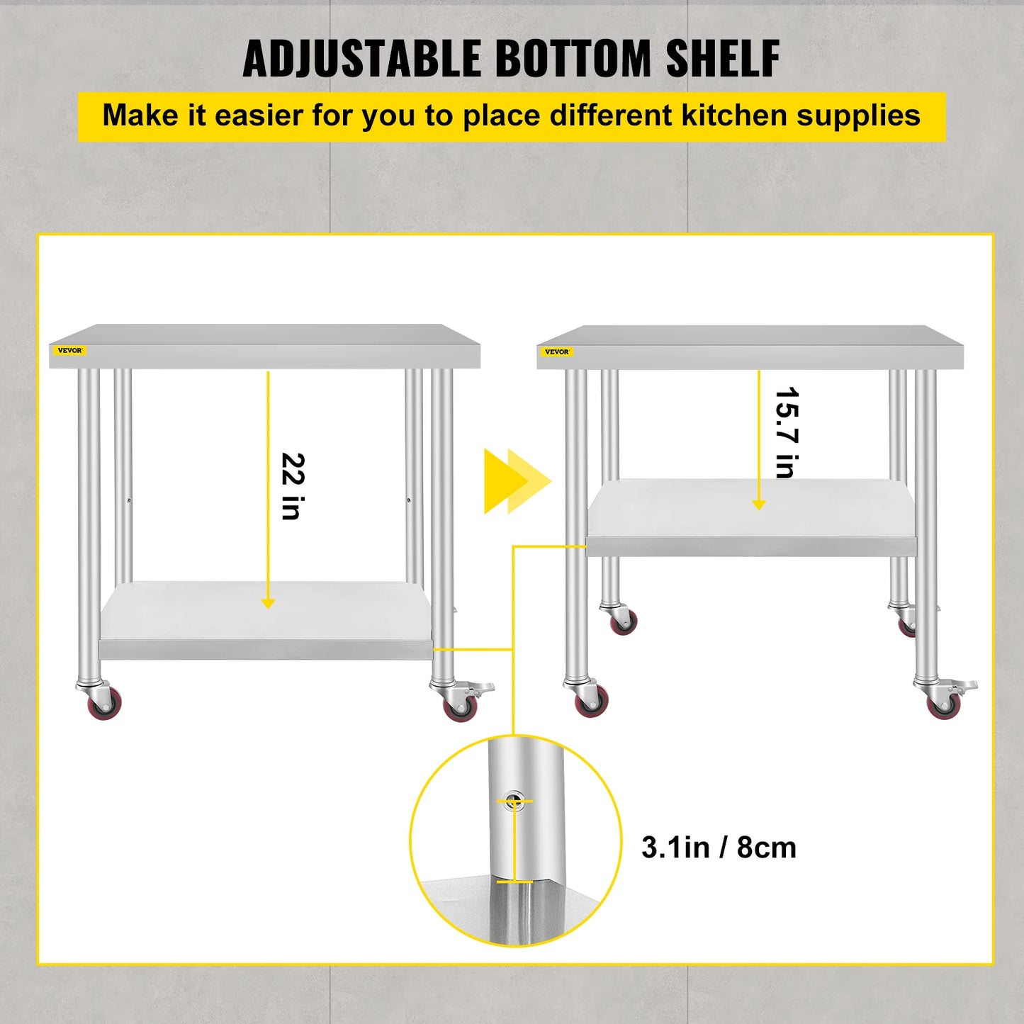 SucceBuy Stainless Steel Kitchen Prep Table with Caster Wheels 352 lbs Load