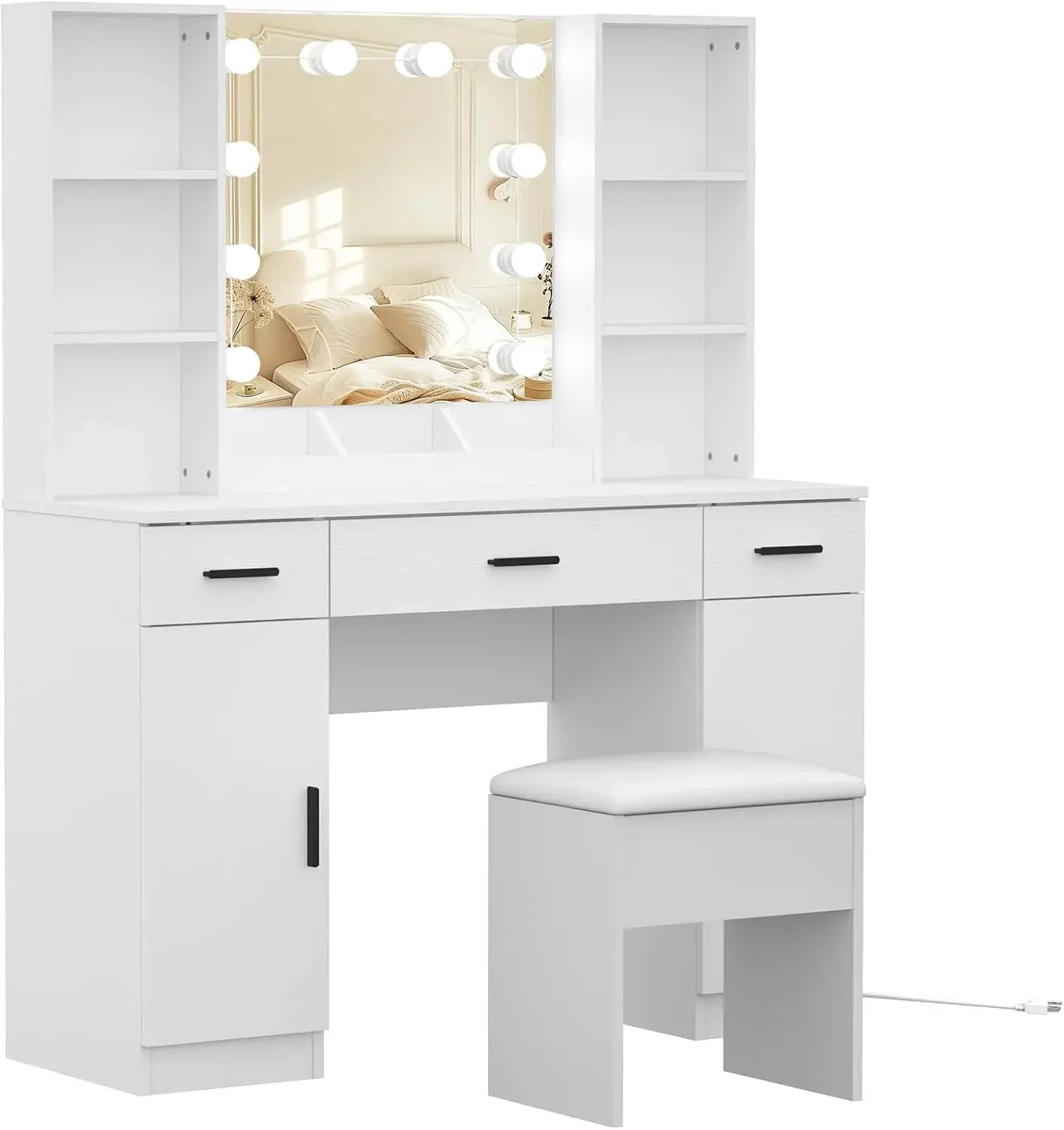 Modern Vanity Desk Makeup Table with Lights Storage Drawers and Shelves