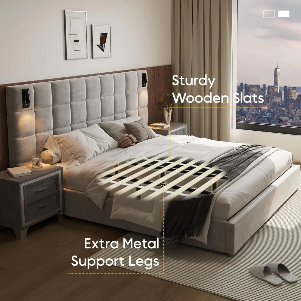 King Platform Bed Frame with Velvet Headboard and LED Sconces