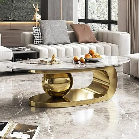 Modern Oval Coffee Table Faux Marble Sintered Stone Gold Base 51.2"