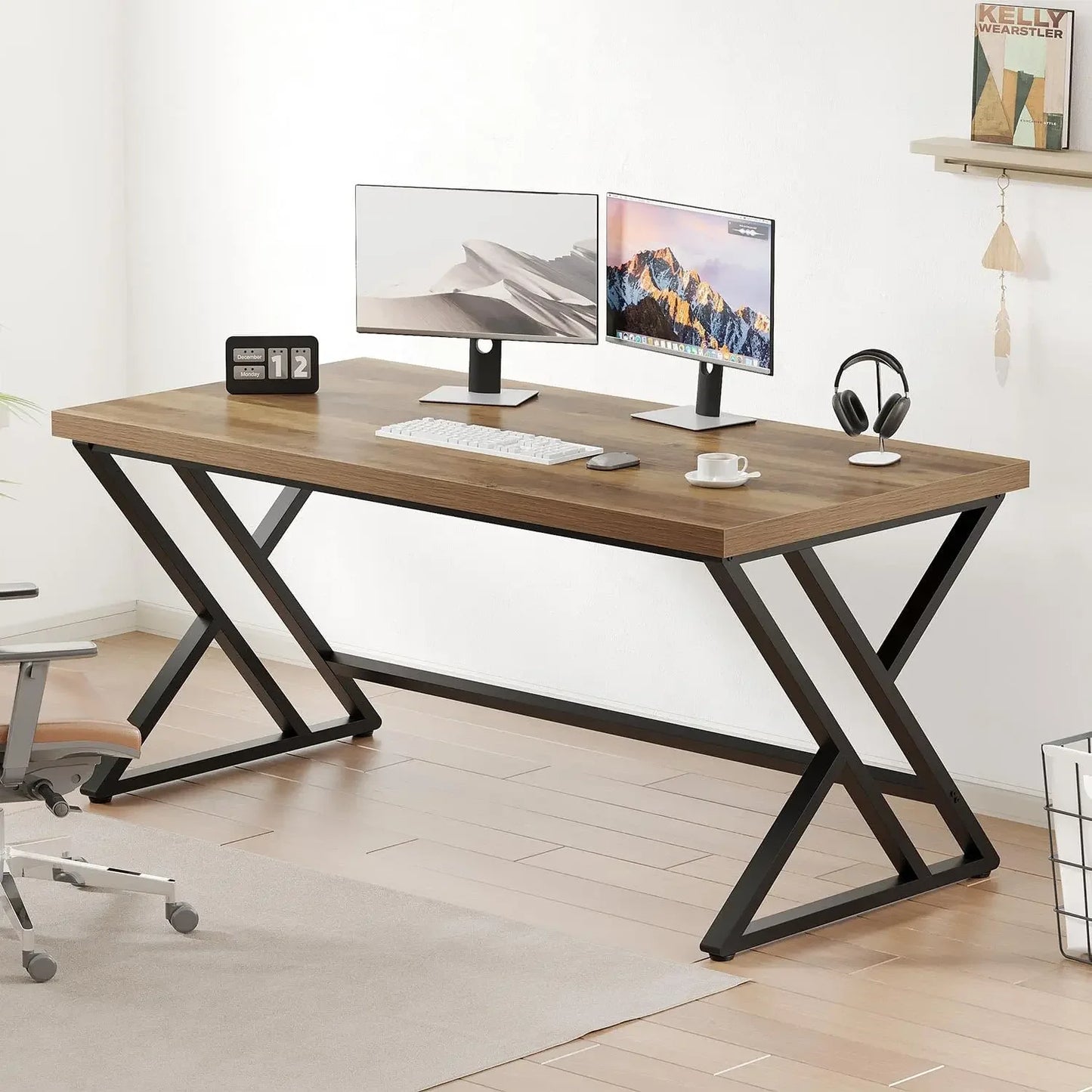 Industrial Computer Desk Rustic Wood Metal Home Office Writing Table