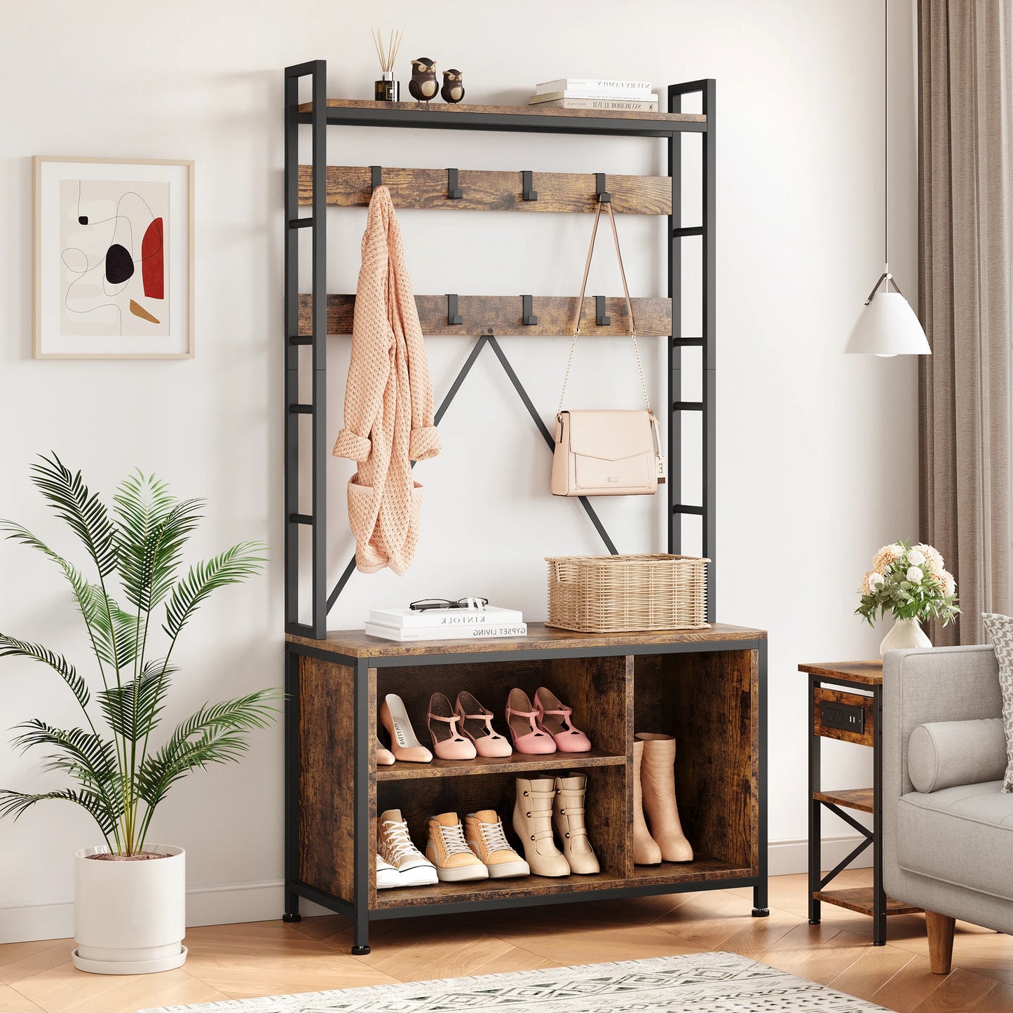 Hall Tree Entryway Bench Coat Rack Shoe Storage Industrial Style