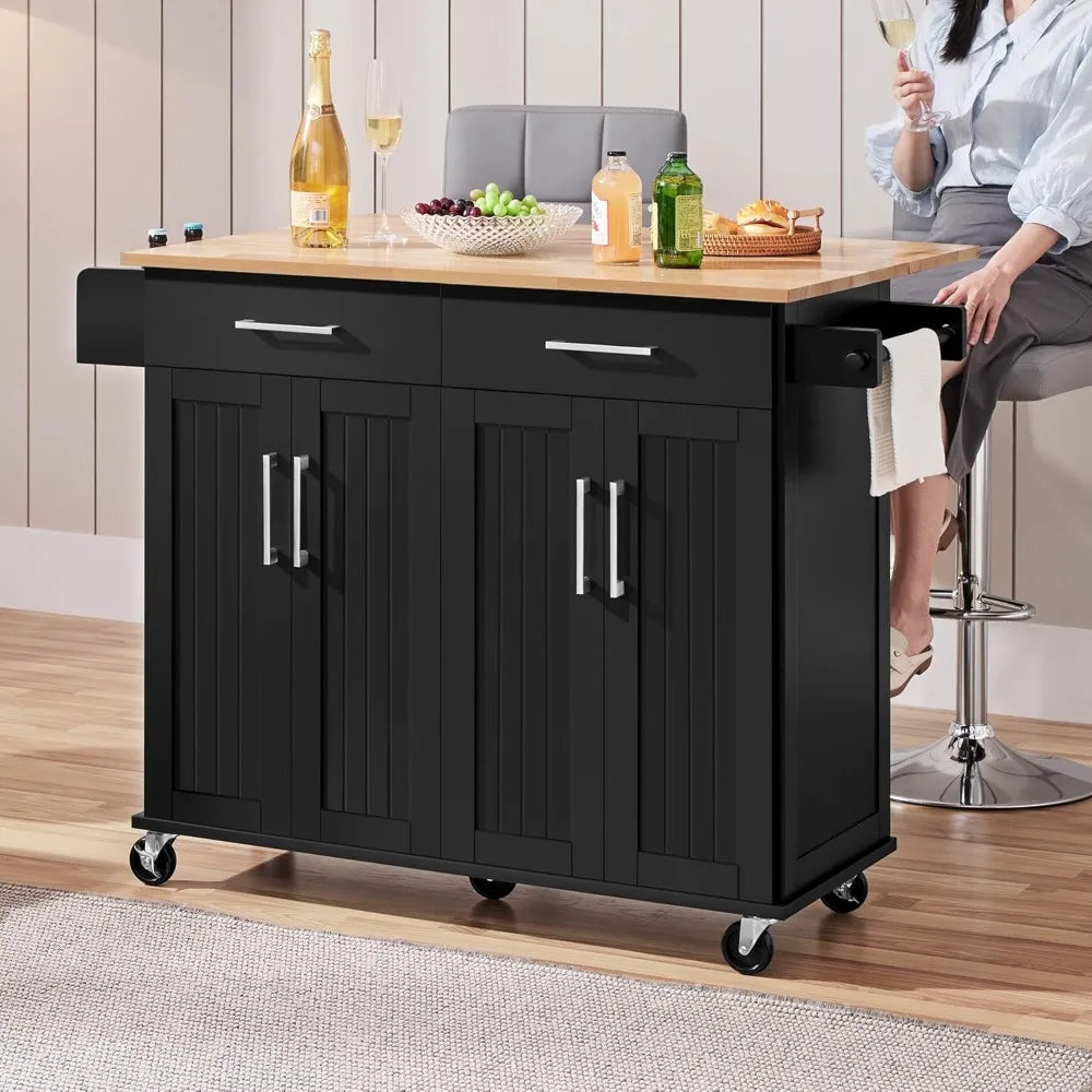 Rolling Kitchen Island Cart 49" on Wheels with Storage Cabinet Drawers