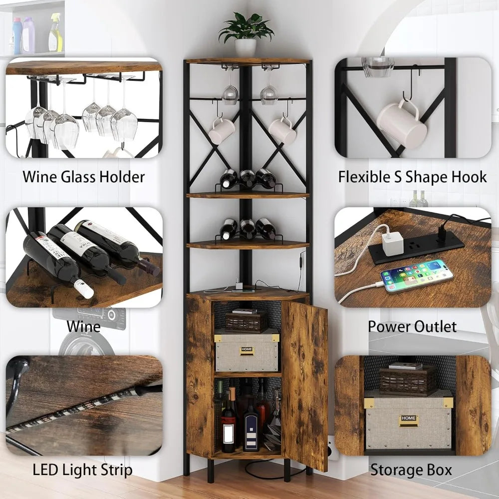 6-Tier Corner Wine Rack with Charging Station LED Lighting Industrial