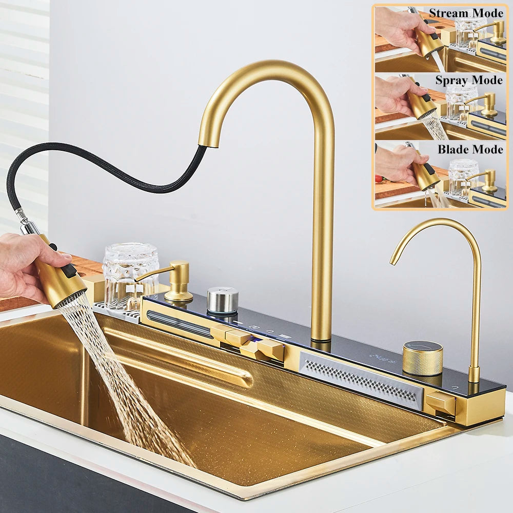 Gold Multifunctional Kitchen Waterfall Sink Digital Display 304 Stainless Steel