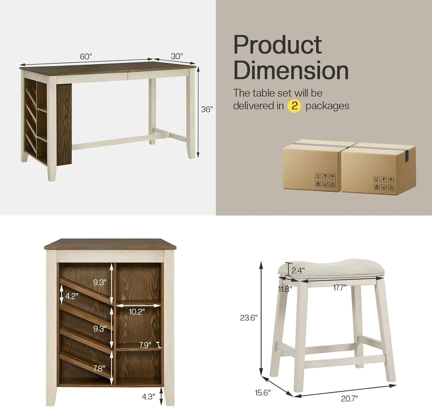 Solid Wood Counter Height Kitchen Island Table Set with Stools