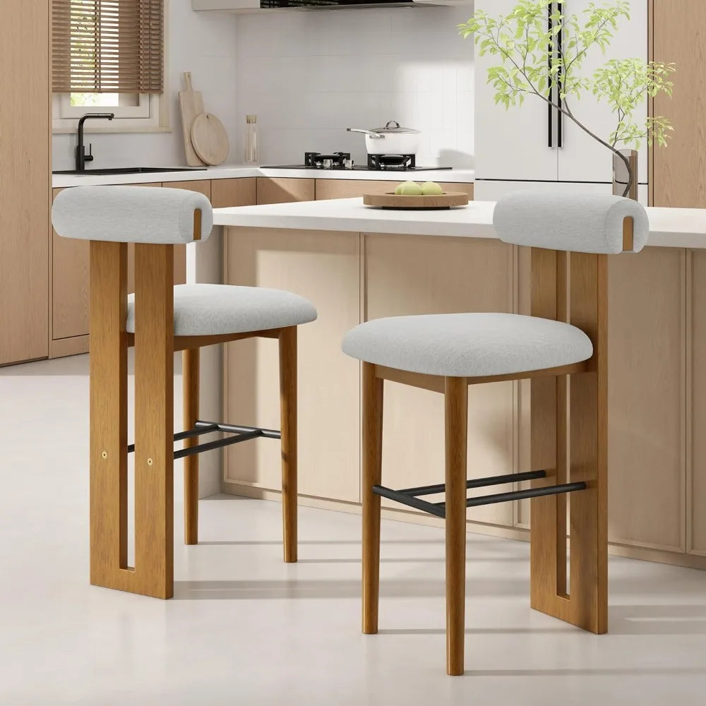 Set of 2 Wood Upholstered Barstools Mid-Back Modern Counter Stools