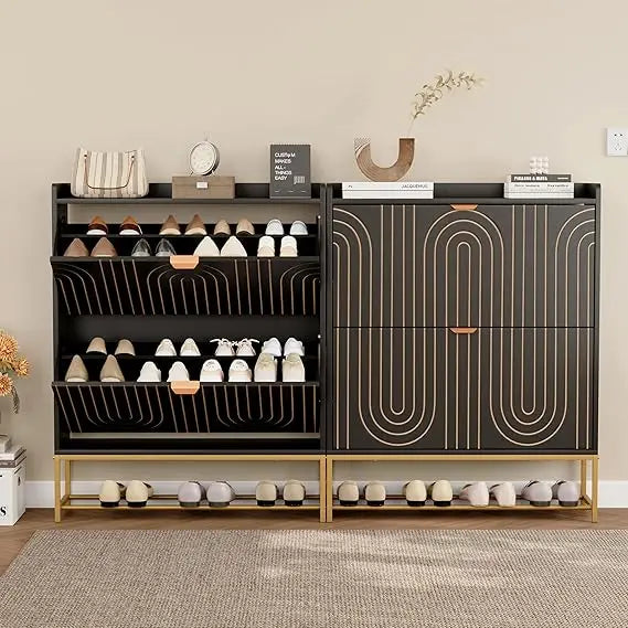 Mid-Century Modern 2-Tier Wooden Shoe Storage Cabinet Freestanding