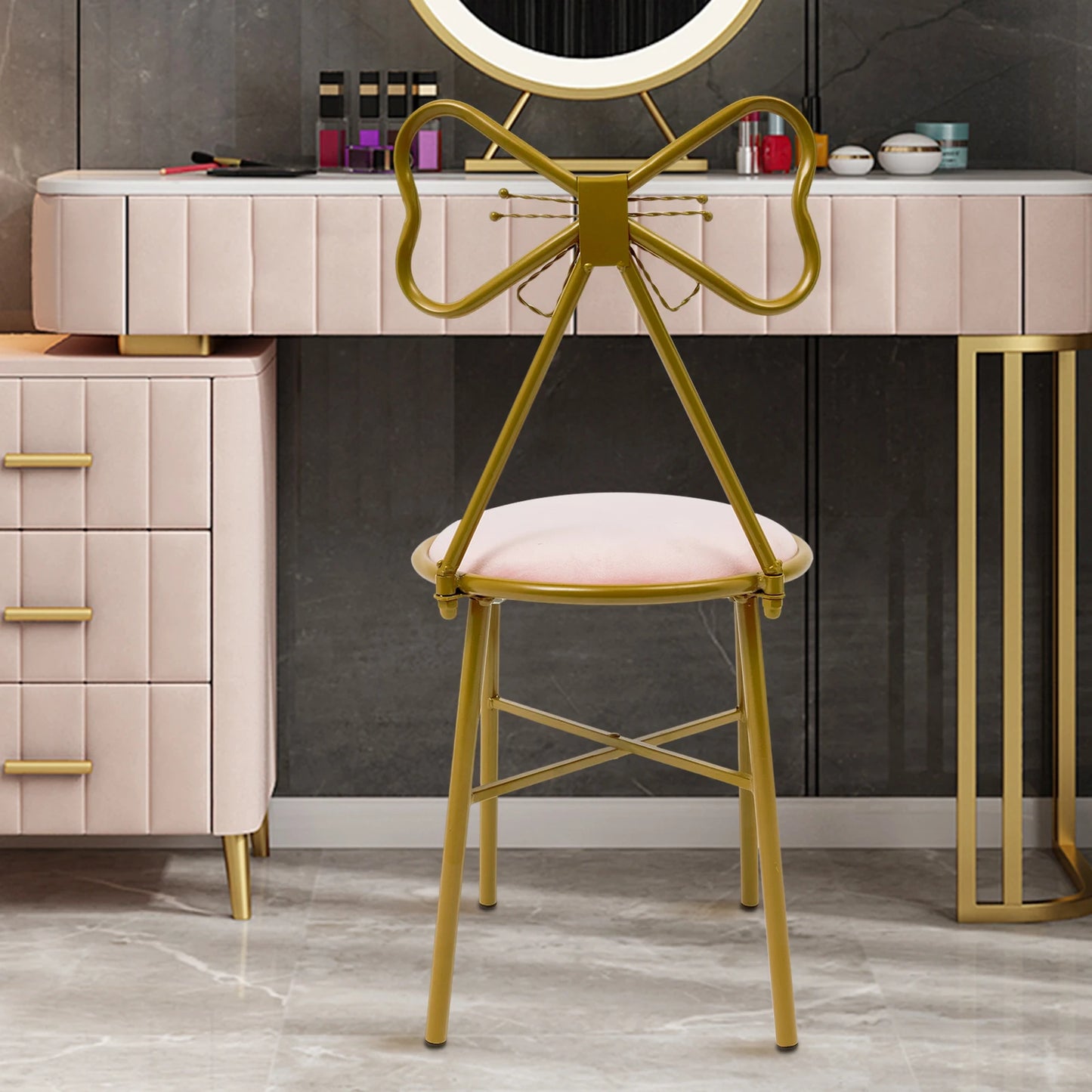 Luxury Minimalist Makeup Vanity Stool Butterfly Backrest Chair Velvet