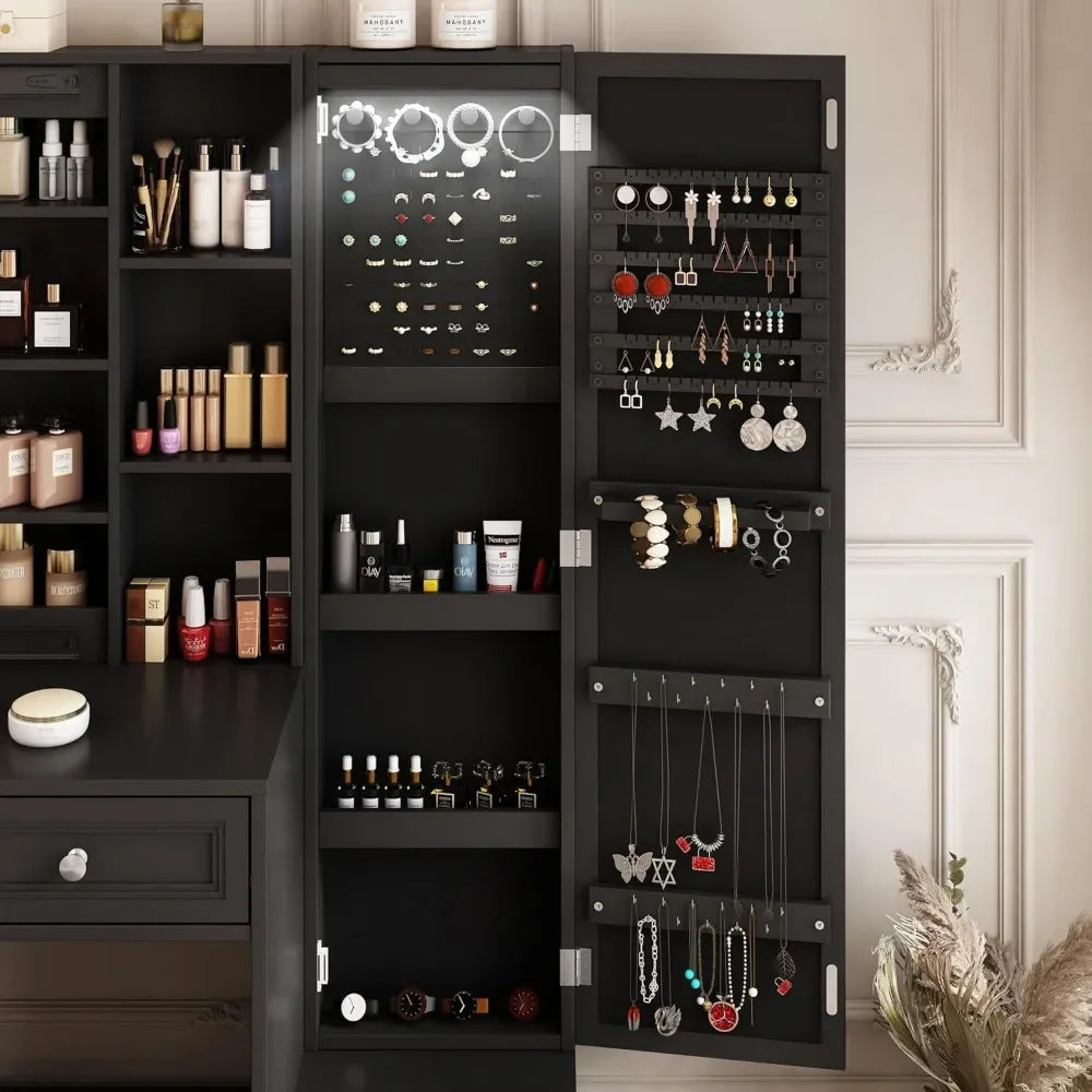 Makeup Vanity Desk with LED Light Sliding Mirror Jewelry Cabinet Storage