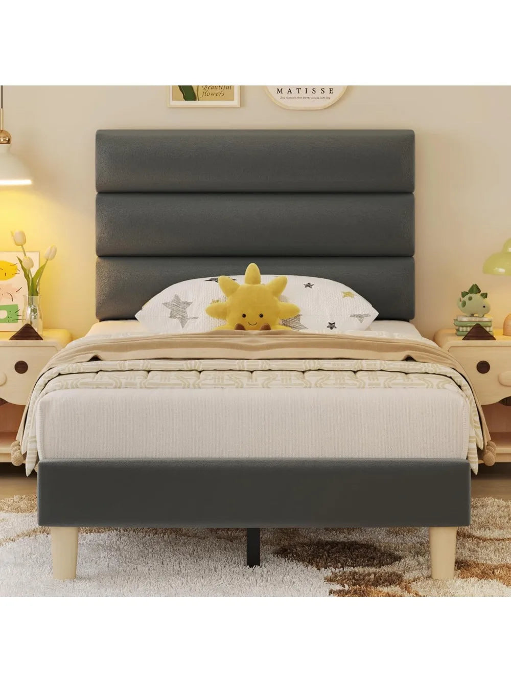 Twin Bed Frame Velvet Upholstered Headboard No Box Spring Needed