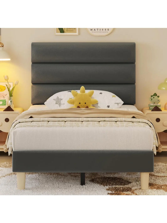 Twin Bed Frame Velvet Upholstered Headboard No Box Spring Needed