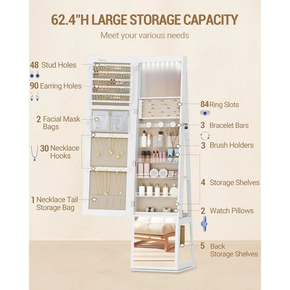 Ljustra 16 LED Jewelry Cabinet Armoire 360° Rotating Lockable Mirror