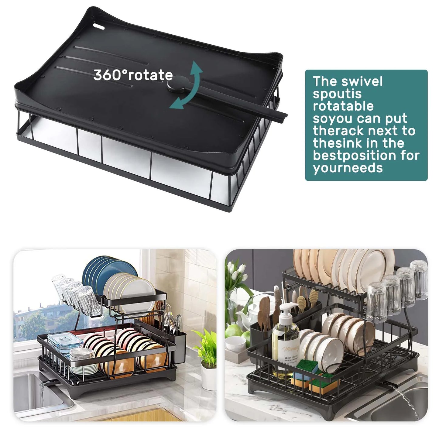 Large 2-Tier Dish Drying Rack Removable Kitchen Countertop Organizer